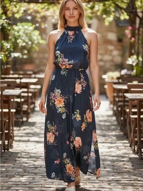 Navy Floral Halter Maxi Dress